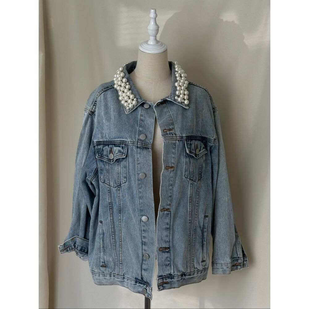 Denim Jacket with Pearl Embellishments